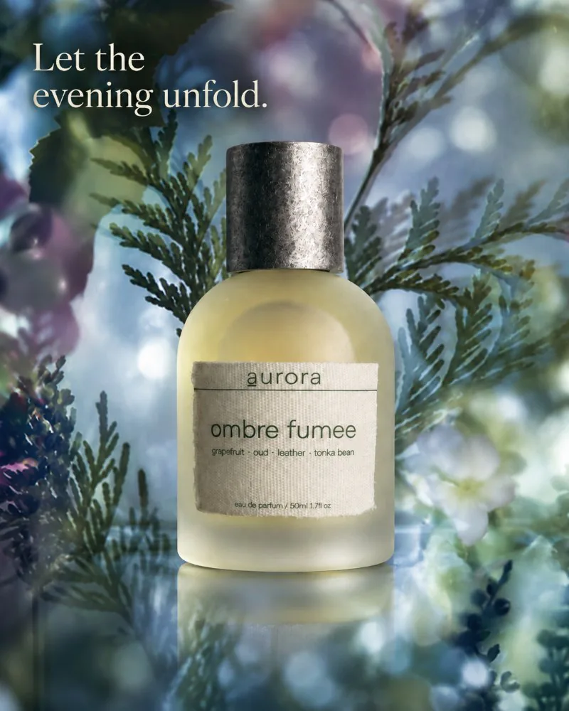 Aurora Fragrance static ad: “Let the evening unfold.”